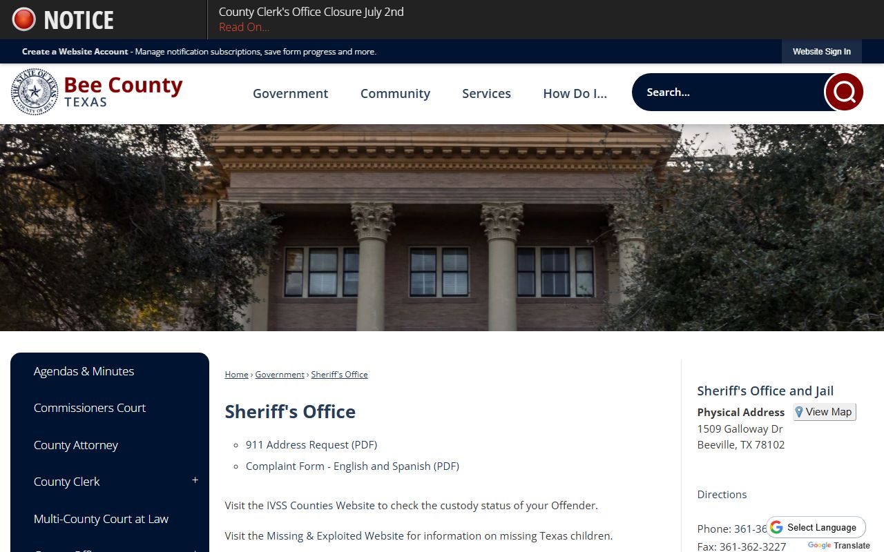 Bee County jail mugshots sheriff custody status page