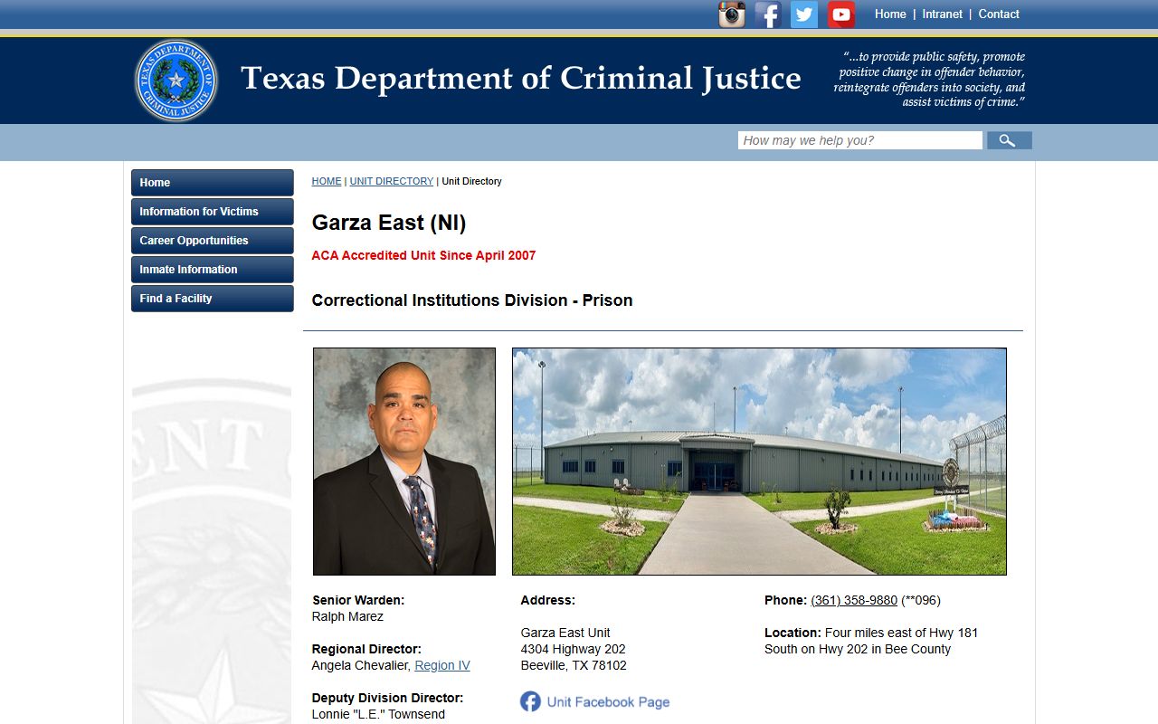 Garza East Unit inmate search TDCJ facility source
