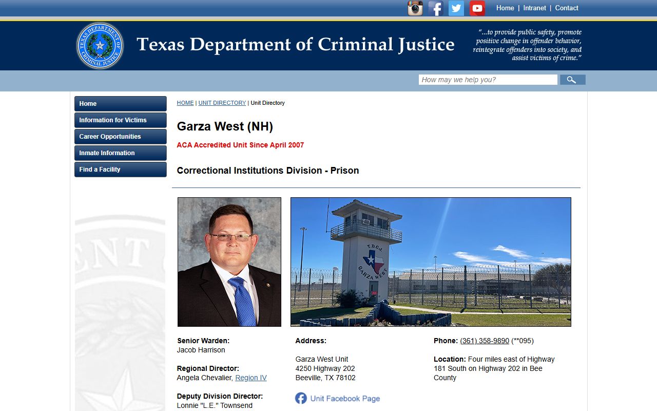 Garza West Unit inmate search TDCJ facility source