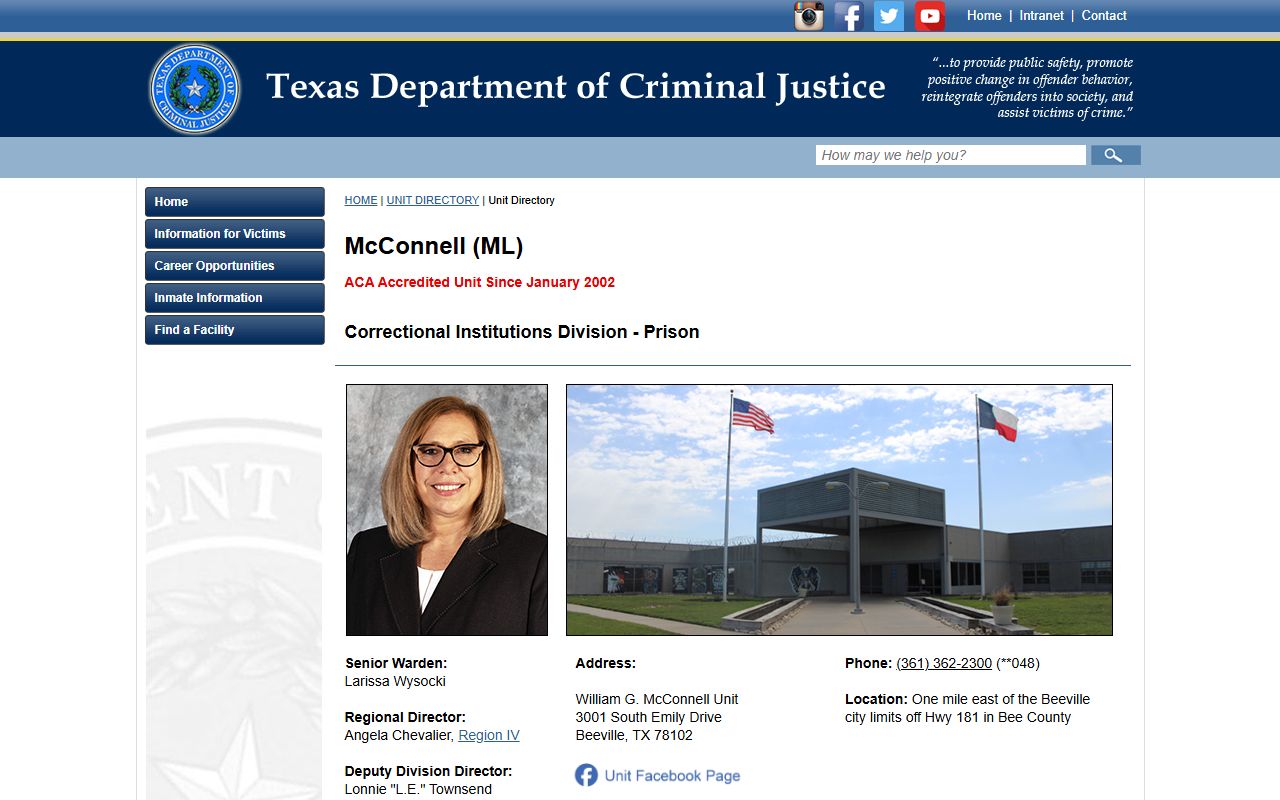 William G. McConnell Unit inmate lookup TDCJ facility source